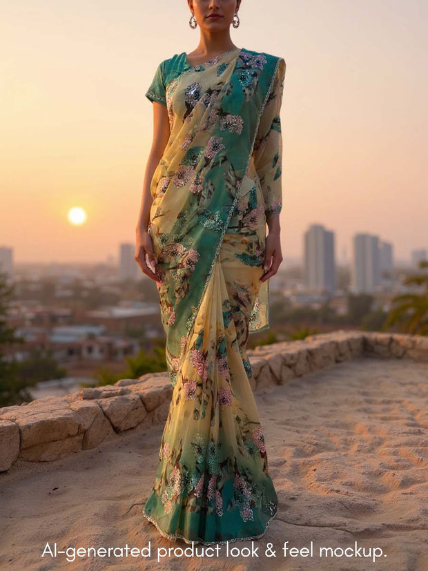 Yellow Green Floral Printed Organza Saree