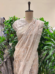 Beige Floral Printed  Tissue Organza Saree