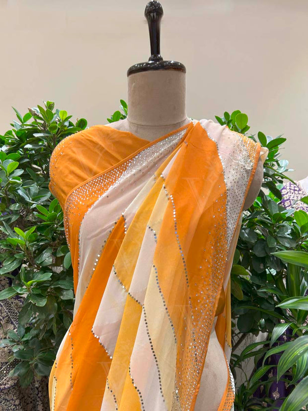 Yellow and White Leheriya Georgette Saree