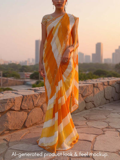 Yellow and White Leheriya Georgette Saree