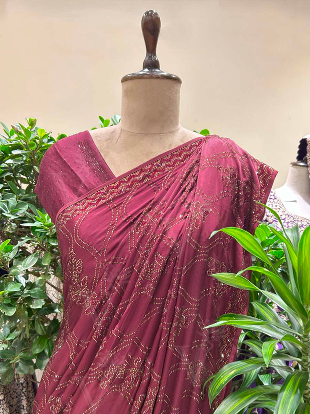 Wine Embroidered Silk Saree