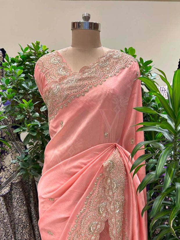Peach Embroidered Silk Saree