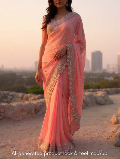 Peach Embroidered Silk Saree