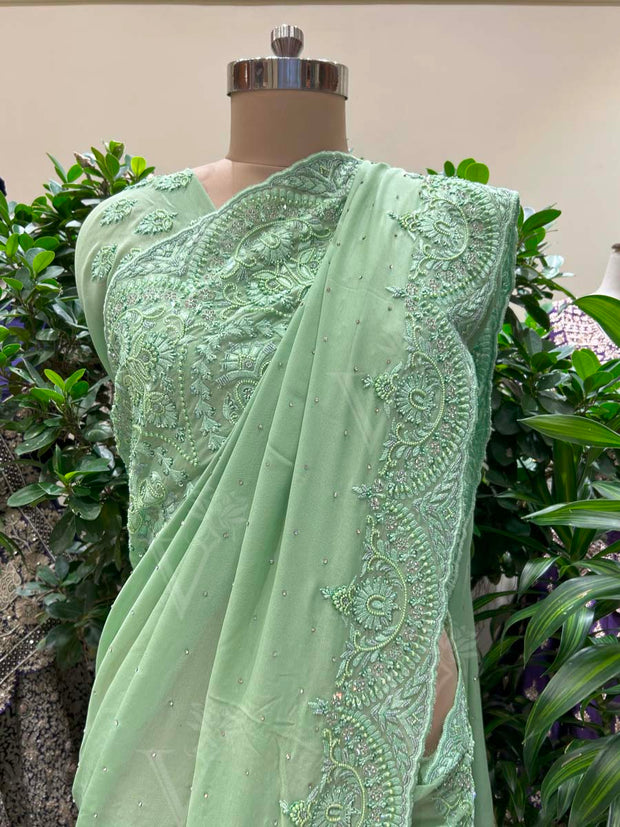 Mint Green Embroidered Georgette Saree