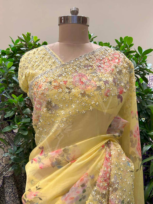 Yellow Organza Printed Saree