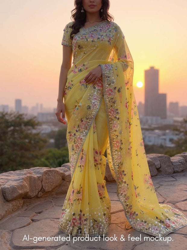 Yellow Organza Printed Saree