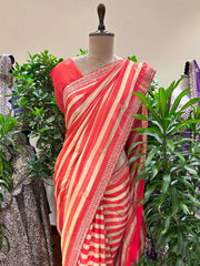 Beige and Red Tissue Striped Tissue  Saree