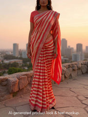 Beige and Red Tissue Striped Tissue  Saree