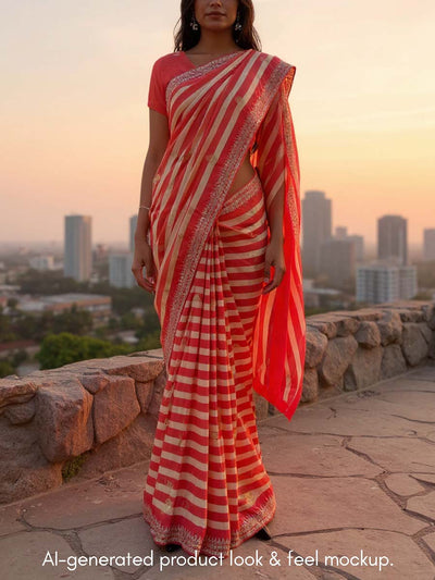 Beige and Red Tissue Striped Tissue  Saree