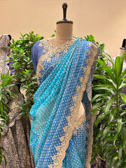 Blue Organza Bhandej Printed Saree