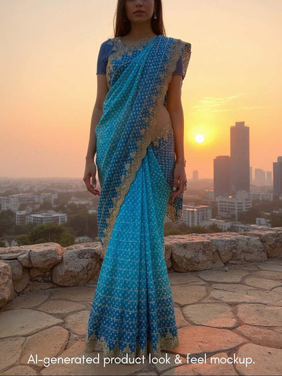 Blue Organza Bhandej Printed Saree