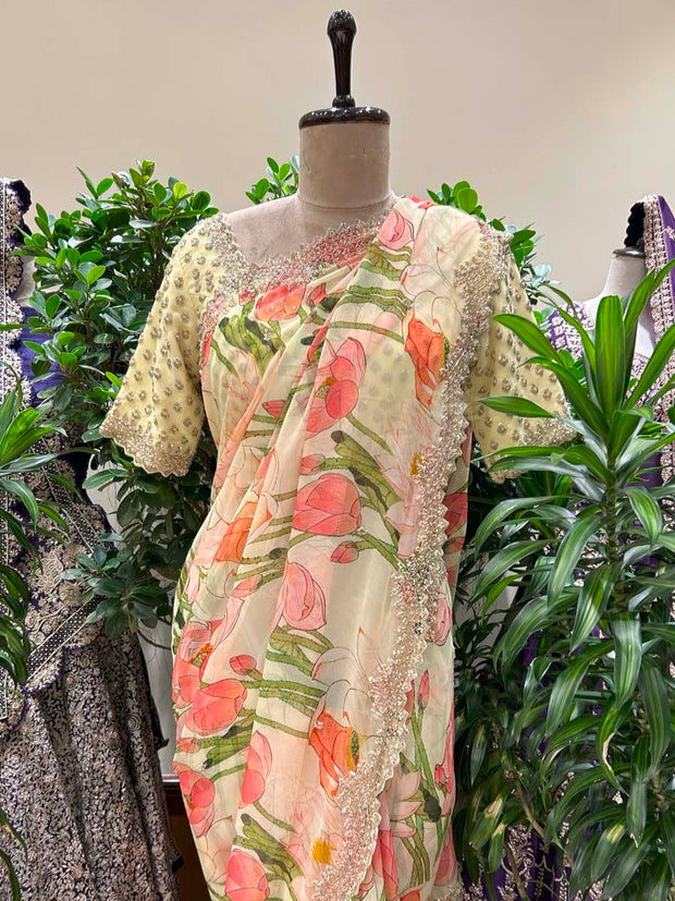 Yellow Floral Printed  Georgette Saree
