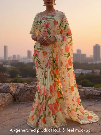 Yellow Floral Printed  Georgette Saree