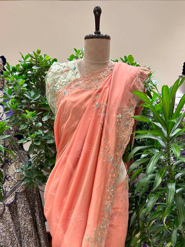 Peach Embroidered Silk Saree