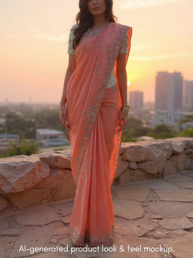 Peach Embroidered Silk Saree
