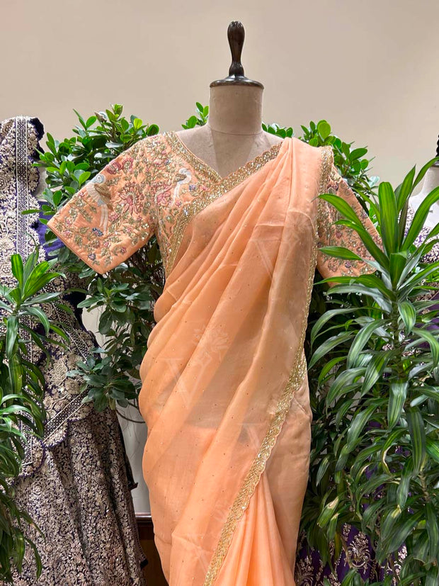 Sea Green Embroidered  Organza Saree