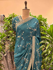 Teal Blue Embroidered Silk Saree