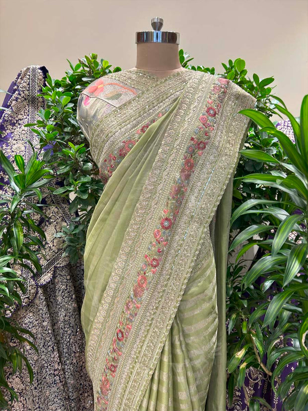 Pista Green Embroidered Silk Saree