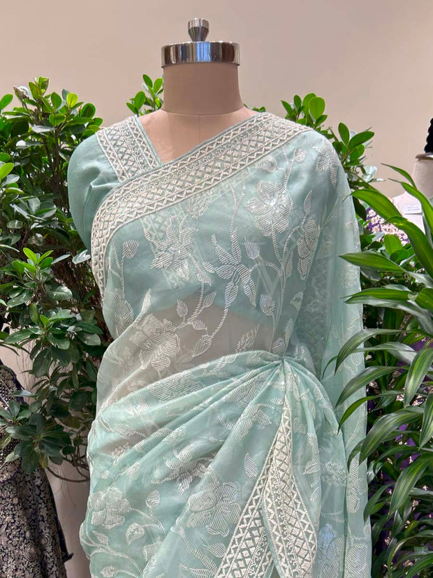 Aqua Blue Embroidered Organza Saree