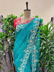 Sea Green Bandhani Printed Organza Saree
