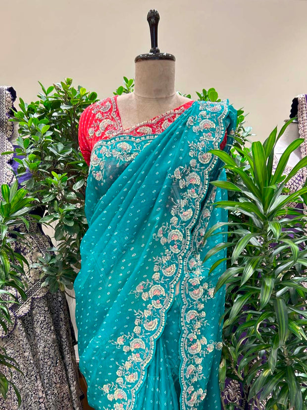 Sea Green Bandhani Printed Organza Saree