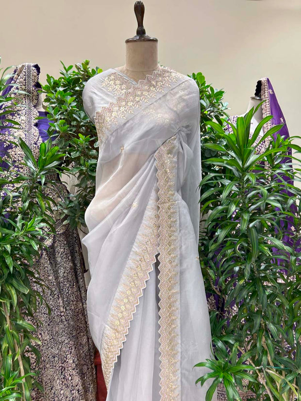 Grey Embroidered Saree