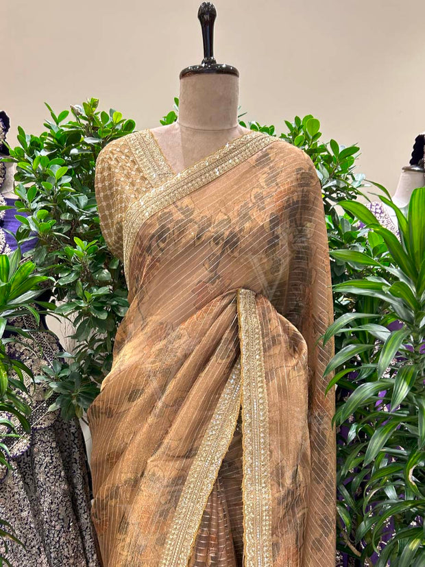 Golden Floral Printed Banarasi Tissue Saree
