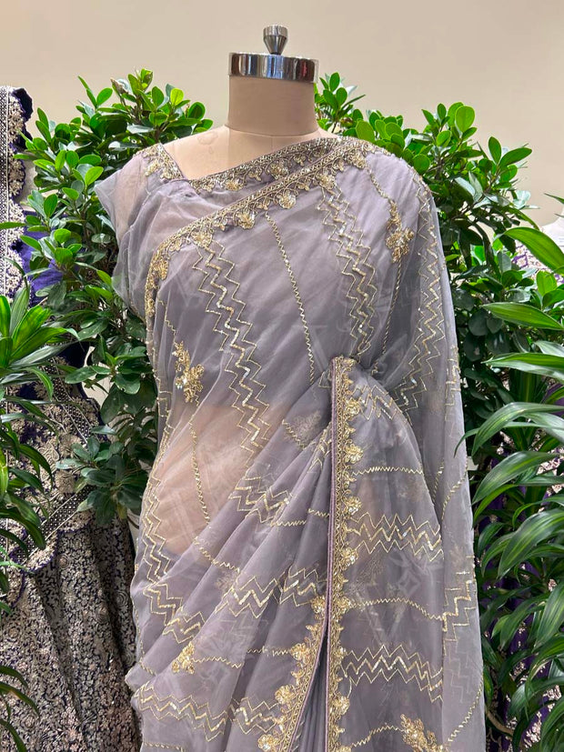 Lilac Embroidered Organza Saree