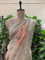 Steel Grey Floral Printed Organza Saree