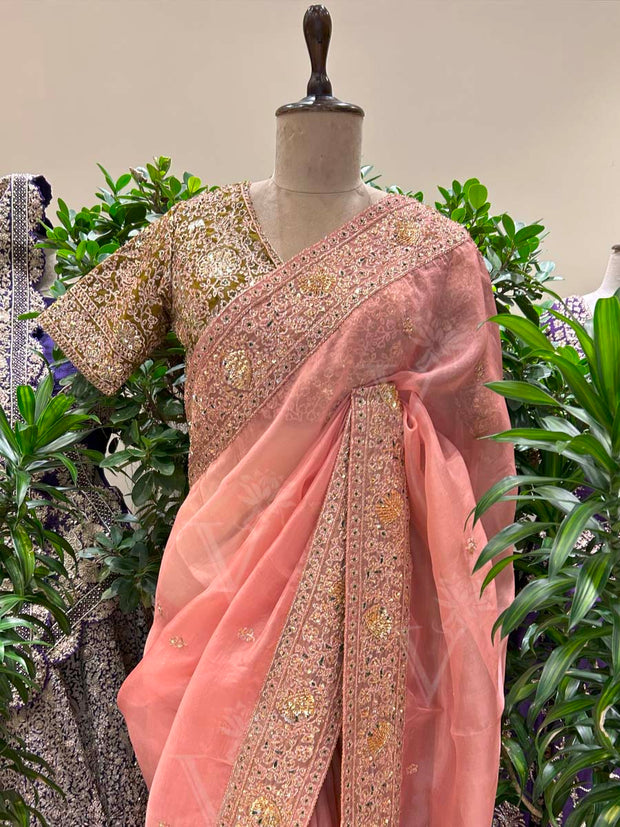 Peach Embroidered Organza Saree