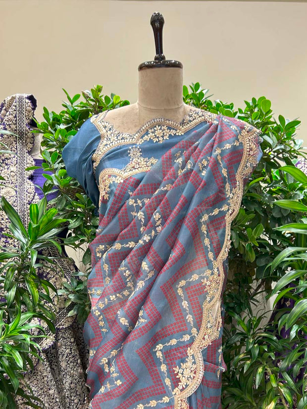 Grey Bandhani Printed  Gota Patti Organza Saree