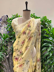 Yellow Floral Printed Organza Saree