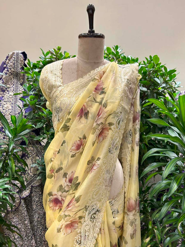 Yellow Floral Printed Organza Saree
