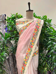 Powder Pink Embroidered Organza Saree
