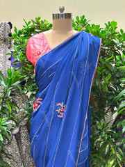 Blue  Embroidered Silk Saree
