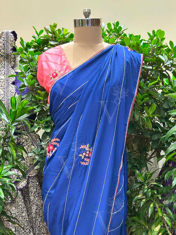 Blue  Embroidered Silk Saree