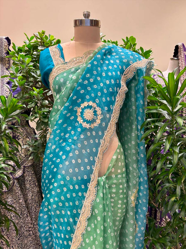 Blue and GreenEmbroidered Bandhani Printed Organza Saree