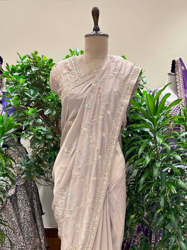 Beige Embroidered Silk Saree