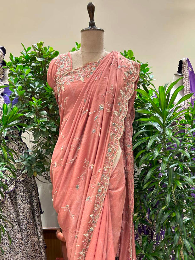 Dust Pink Embroidered Silk Saree