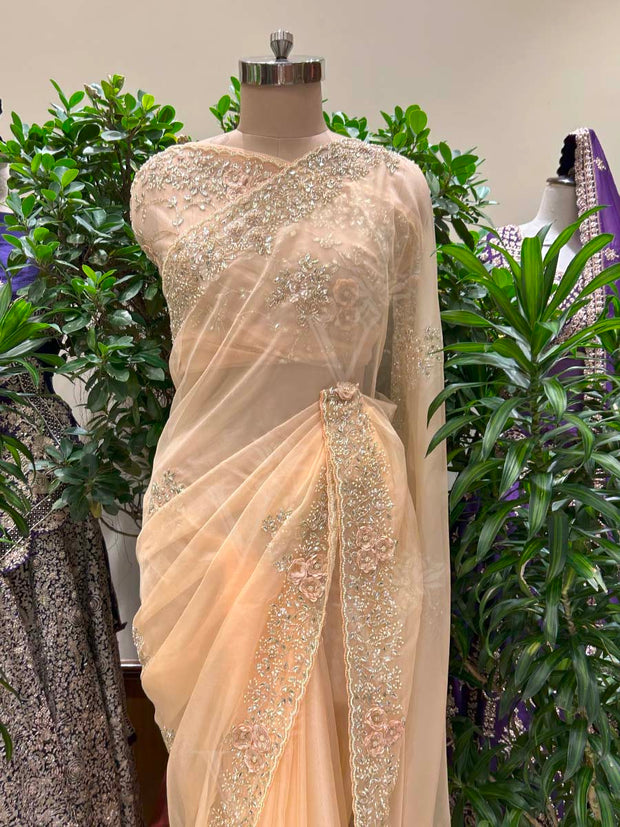 Peach Embroidered Organza Saree