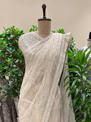 Off White Embroidered Organza Saree