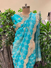 Baby Blue Bandhani Printed Organza Saree
