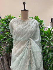 Light Grey Embroidered Organza Saree