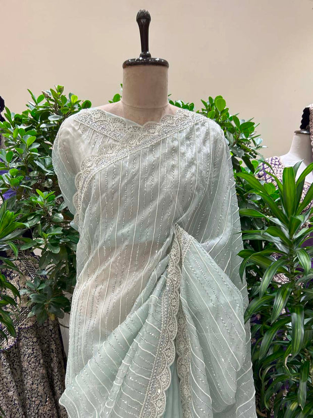 Light Grey Embroidered Organza Saree