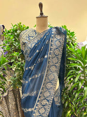 TeaL Blue Embroidered Organza Saree