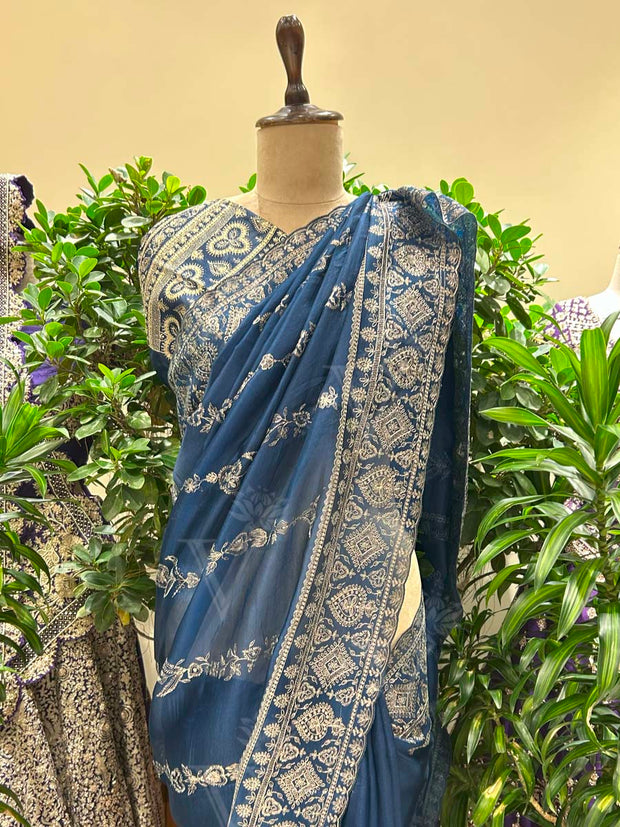 TeaL Blue Embroidered Organza Saree