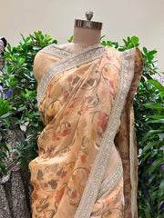 Light Peach Floral Printed Organza Saree