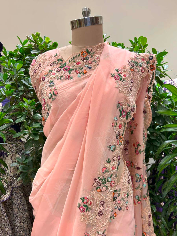 Peach Embroidered Organza Saree