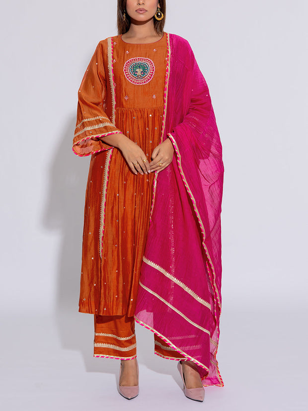Orange & Pink Chanderi Cotton Suit Set
