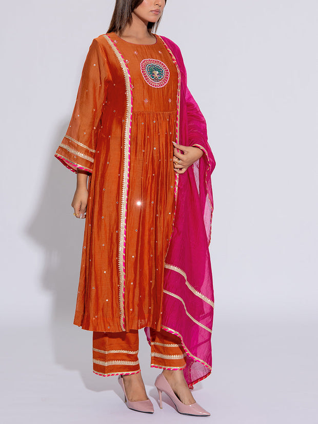 Orange & Pink Chanderi Cotton Suit Set